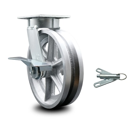 Service Caster 8 Inch Kingpinless V Groove Semi Steel Wheel Caster with Brake and Swivel Lock SCC-KP30S820-VGR-SLB-BSL